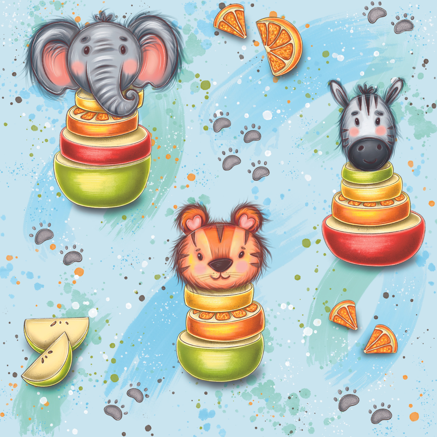 Stoff „ Tiere mit Obst“