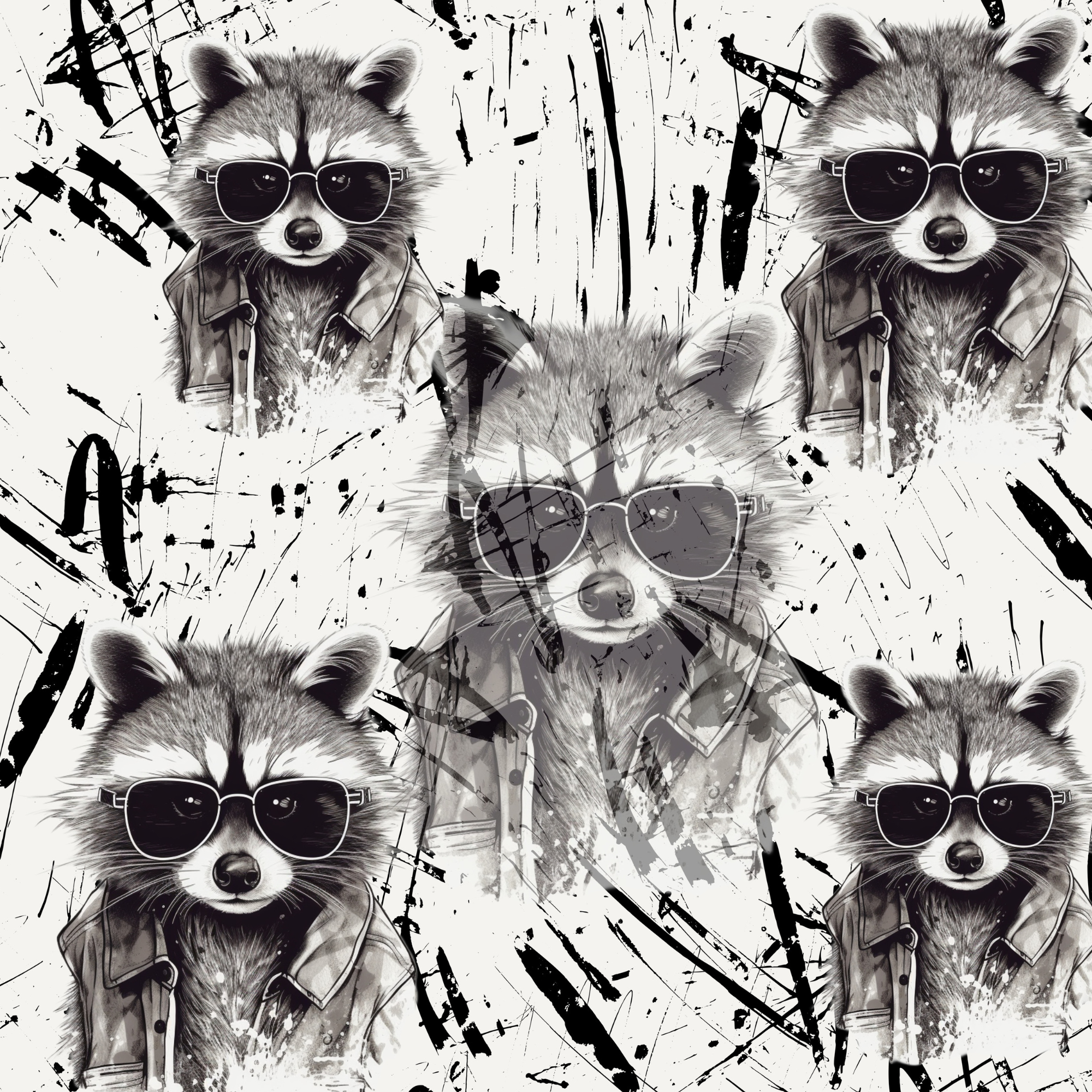Stoff “Racoons black & white“