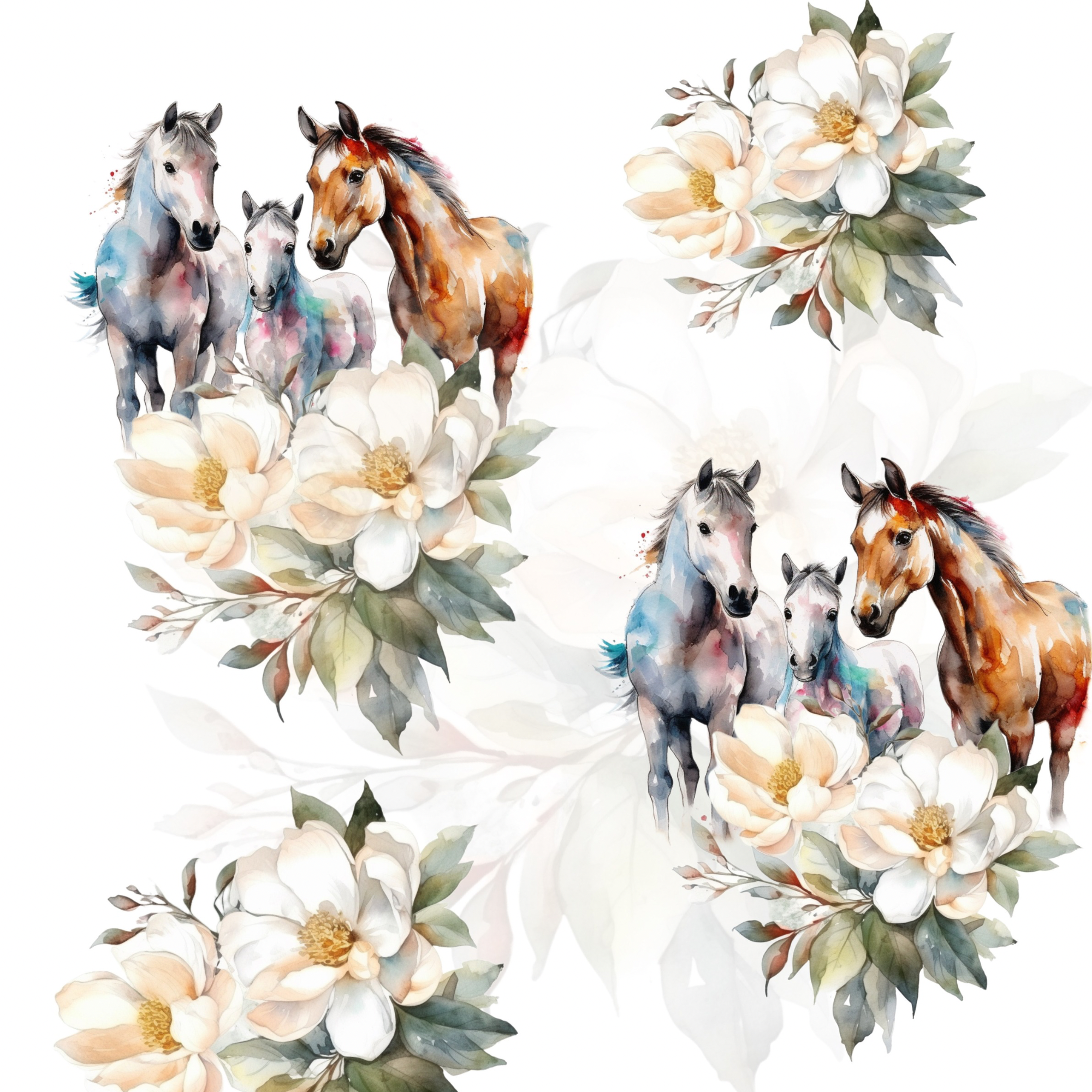 Stoff „Pferde mit Blumenschmuck“